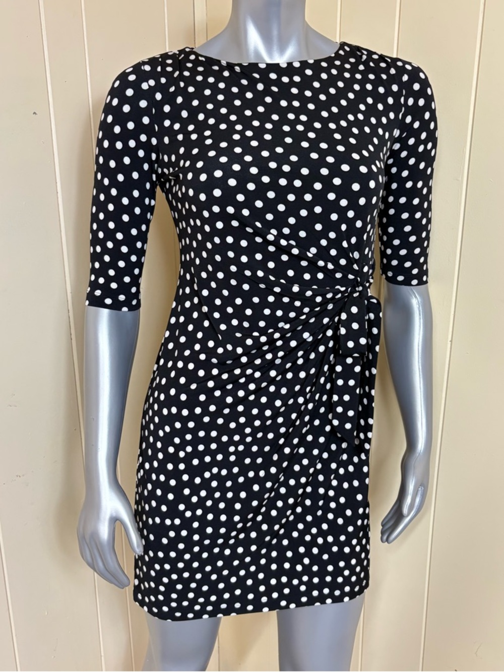 Shelby & Palmer Sheath Mini Dress Size 4P Tie waist Black White Polka Dots